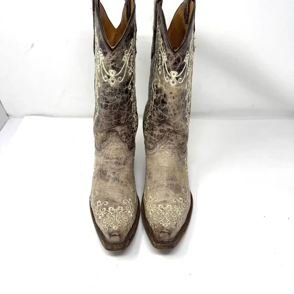 Corral Crater Brown Leather Embroidered Snip Toe Cowgirl Boots Teen Women Sz 5 - Picture 2 of 7